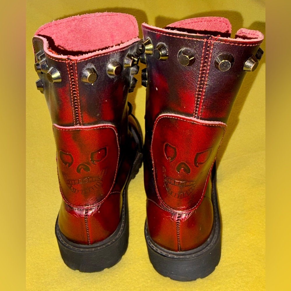 Red Leather Combat Boots - Women's Lace-Up Ankle Boot - Picture 6 of 9